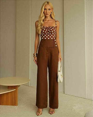 Calça 100% linho cós alto com botões