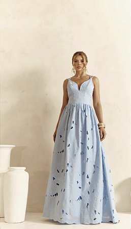 Vestido Longo Voil Bordado Top com Decote