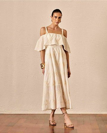 Vestido Bordado Algodão Ombro a Ombro