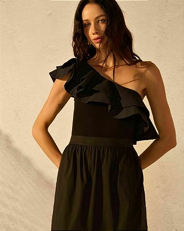 Body Malha Canelada Babados Tricoline