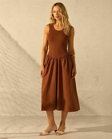 Vestido Malha e Tricoline Cintura Baixa