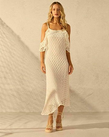 Vestido Renda Malha Babados Manga