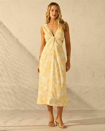 Vestido Midi Recortes Linho Estampado