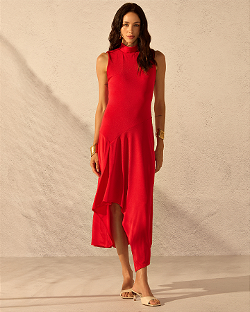 Vestido Jersey Gola Alta com Prega