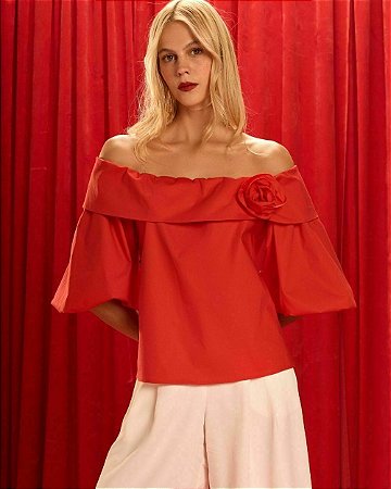 Blusa Tricoline Flor Ombro a Ombro
