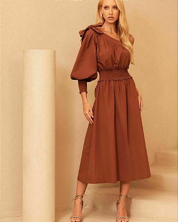 Vestido Tricoline Ombro Único Laço