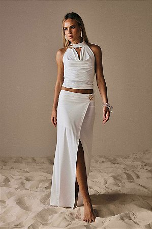 Conjunto Jersey Saia com Cós e Blusa Frente Única Detalhe Flor