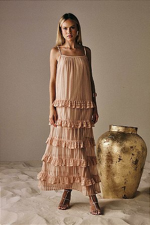 Vestido Longo Alça Fina com Babados