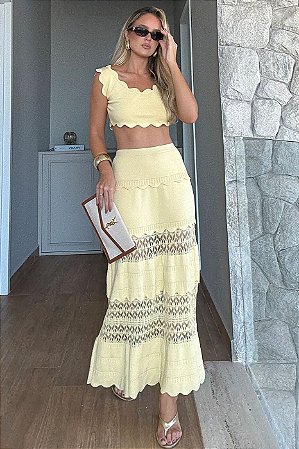 Conjunto Tricot Detalhe Vazado Saia e Cropped Alça