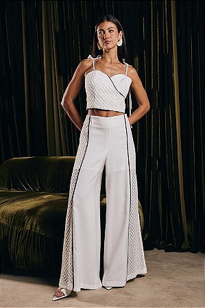 Conjunto Calça Pantalona e Cropped com Viés Bicolor