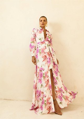 Vestido Longo Floral com Manga