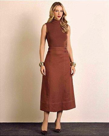 Saia Midi 100% linho pespontadas