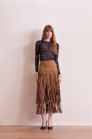 Saia Midi Suede Franjas