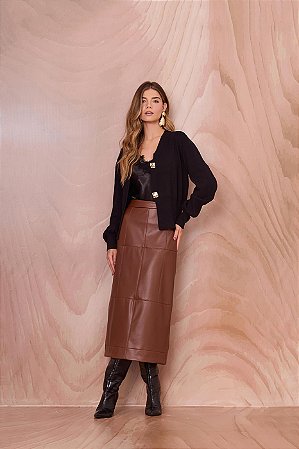 Saia Midi Couro PU Pespontada
