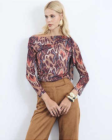 Blusa Tule Drapeada Laço Lateral Étnica