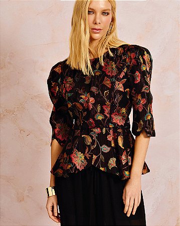 Blusa Peplum Floral Lurex Toque de Seda