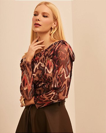 Blusa Tule Drapeada Laço Lateral Étnica