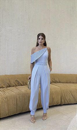 Macacão Jogger Assimétrico com Pala Drapeada e Alça Metálica Azul