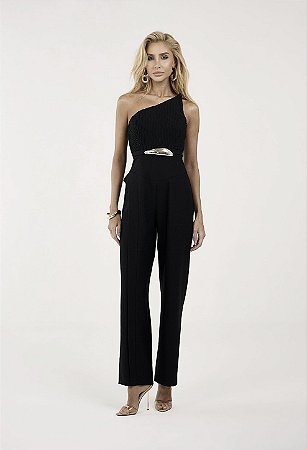 Macacão Top Plissado e Calça com Detalhe Lateral Preto