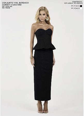 Conjunto Voil Bordado Corset e Saia Midi