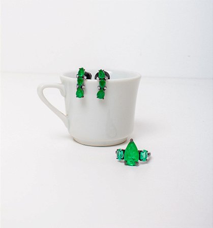 Brinco Prata Negra Gotas Verdes