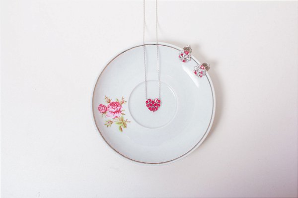 Conjunto Prata Coração Rosa