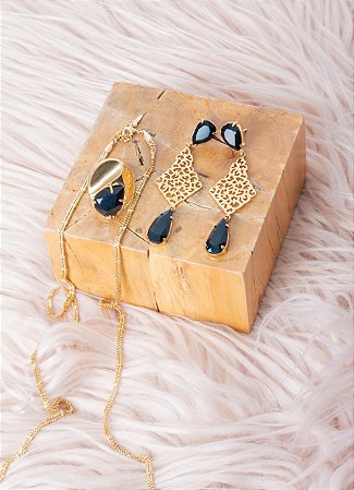 Brinco Ouro Longo Gotas Ônix