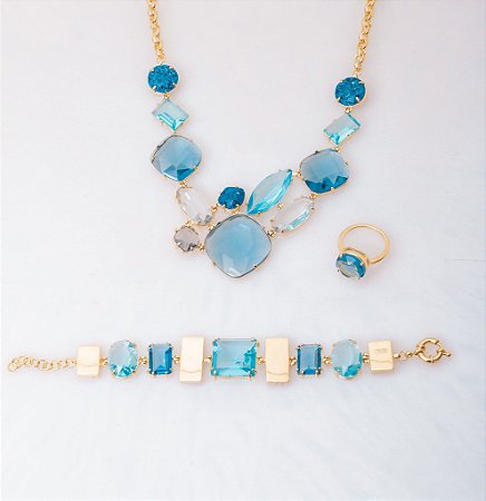 Pulseira Ouro Cristais Azuis