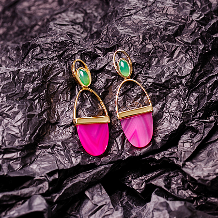 Brinco Ágatha - Ouro com Ágatas Rosa e Verde