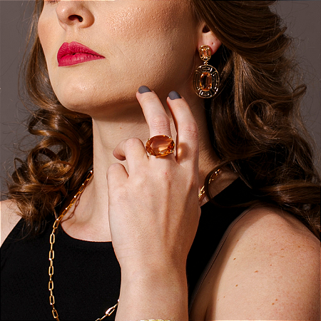 Anel Martha Cristal Âmbar Ouro 18k