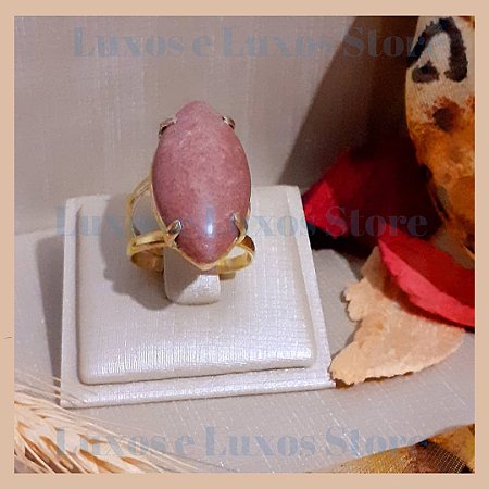 Anel Pedra Natural Jaspe Rosa - Banho Ouro 18K - Semijoia de Luxo