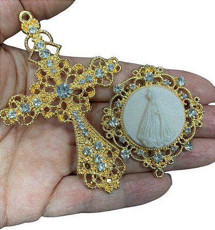 Nossa Senhora Aparecida  camafeu kit para terço de noiva grande com strass dourado luxo