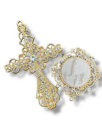 Nossa Senhora de Fátima camafeu kit para terço de noiva grande com strass dourado luxo