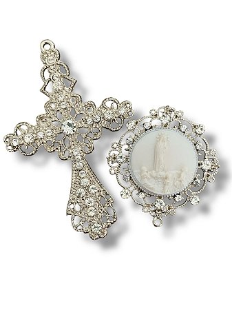 Nossa Senhora de Fátima  camafeu kit para terço de noiva grande com strass dourado luxo