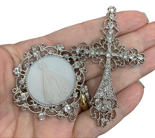 Nossa Senhora Aparecida  camafeu kit para terço de noiva grande com strass niquelado luxo