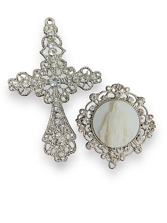 Nossa Senhora das Graças  camafeu kit para terço de noiva grande com strass niquelado luxo