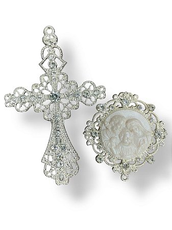 Sagrada Família camafeu kit para terço de noiva grande com strass banho de prata luxo