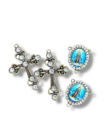 Nossa Senhora Aparecida kit  com cruzes e entremeios em banho de ouro velho com strass aplicado