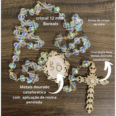 Terço Bodas de ouro metal dourado cataforético para personalizar com foto ou logotipo do casal