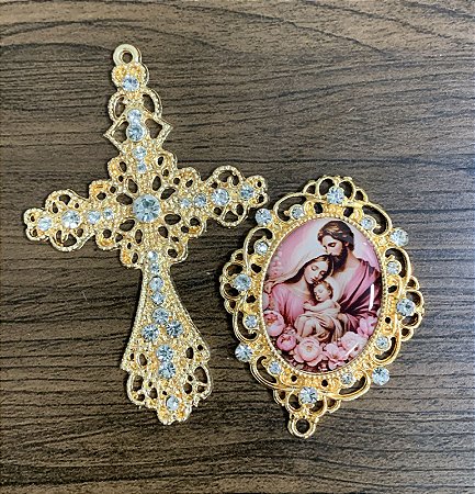 Sagrada Família rosa  kit para terço de noiva grande com strass dourado luxo
