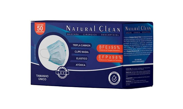 Máscara Descartável Tripla Camada C/ Clip Nasal 50 Un. Azul Natural Clean