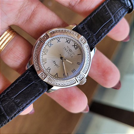 Relógio Feminino Invicta Angel 15083 Correia Preto Bisel Pra Prateado Prateado