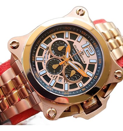 Relóigo Robusto Vip Eurostar Japones Mh-8369 Preto Ouro Rosa