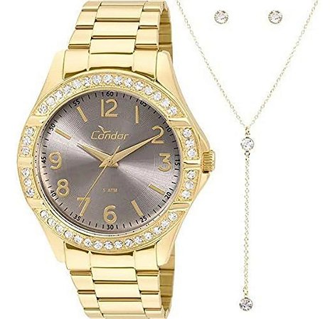 Relógio Condor Feminino Dourado Colar Brincos Co2035kus/k4c