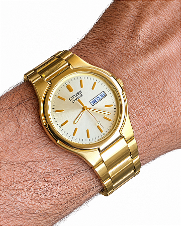 Citizen Quartz Dourado Day Date Calibre 1112 Vintage Anos 90