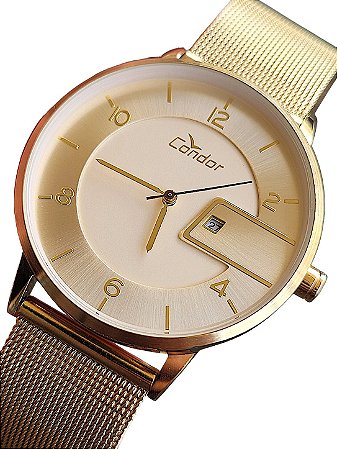 Relógio Feminino Condor Dourado COGL10BP Calendário Mesh