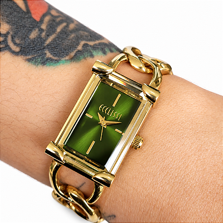 Relógio Ecclissi Feminino Vintage Dourado Verde Quartz