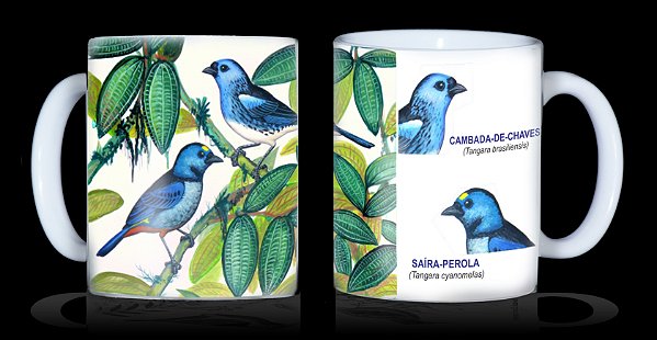 Caneca Ornitologia e Arte - Saíra-pérola (Tangara cyanomelas) e cambada-de-chaves (Tangara brasiliensis)