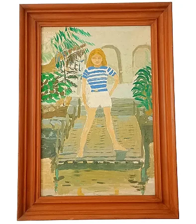 Quadro Tela "Menina no Jardim" 52x37cm em acrílica Vintage