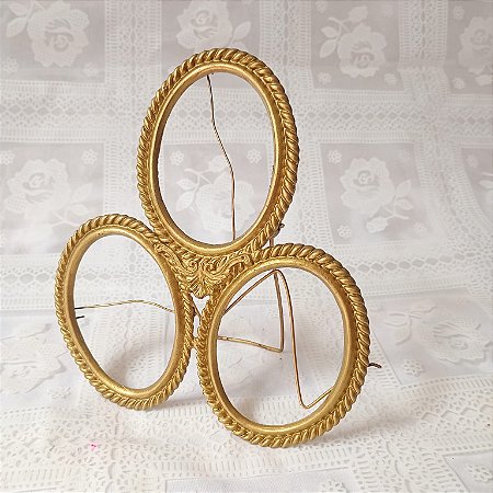 MOLDURA Porta - retrato oval triplo clássico em metal dourado